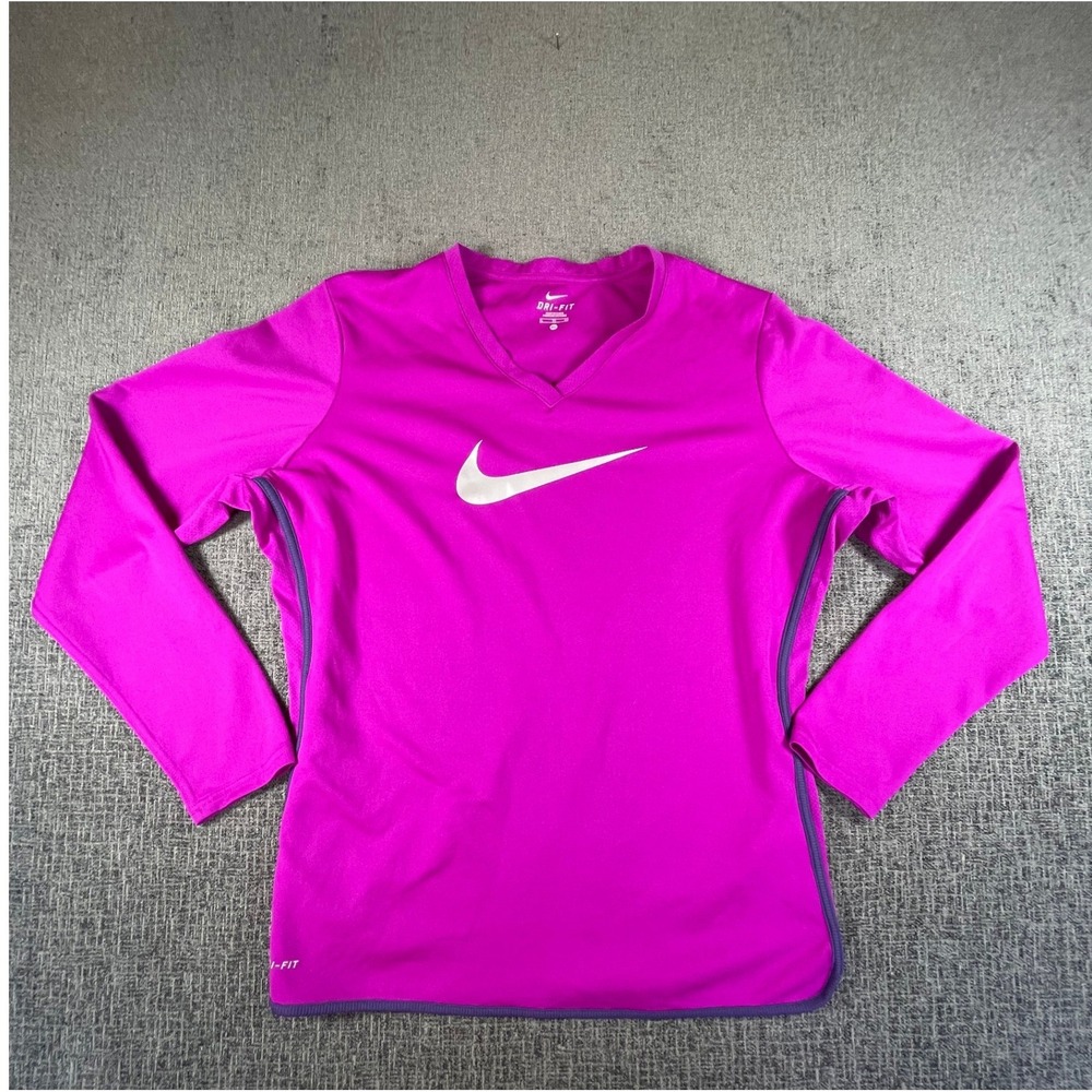 Nike Dri-FIT Womens XL Long Sleeve V-Neck Training Shirt Pink Purple Swoosh